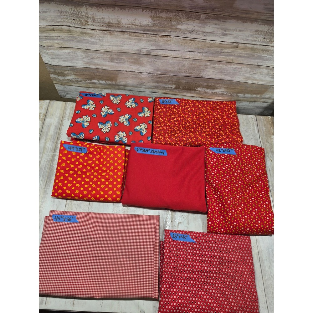 Red Fabric Remnants Bundle 7pc Lot Quilting Scraps Bows Hearts Gingham Floral